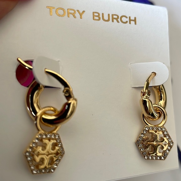Tory Burch Jewelry - TORI BURCH HUGGIE PAVE HEXAGONAL/JEWEL-STUDDED EARRINGS.